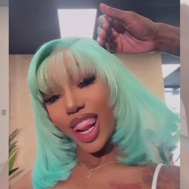 SZC Pastel Green 8 10 12 inch Short Bob Human Hair Wig Side Part With Bangs