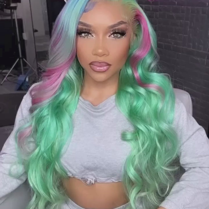 SZC Blue Hot Pink Skunk Stripe Green Body Wave Lace Front Human Hair Wigs