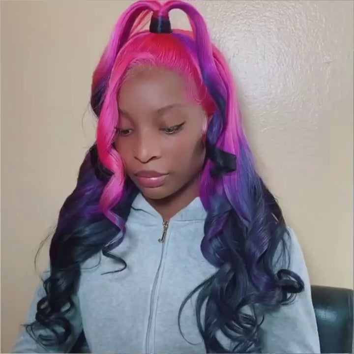 SZC Ombre Purple Red Black Straight Body Wave HD Lace Front Human Hair Wig