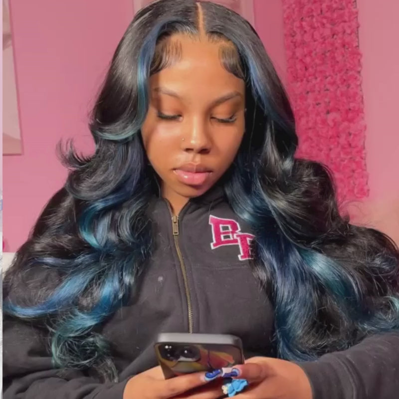 SZC Black With Blue Highlight Streaks 13x4 Transparent Lace Front Human Hair Wigs
