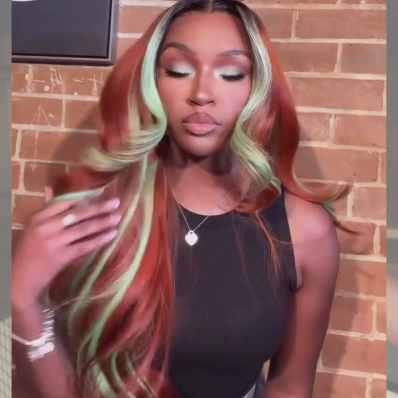 SZC Copper Red Brown With Pastel Green Skunk Stripe Highlight Streaks 13x4 Lace Front Virgin Human Hair Wigs