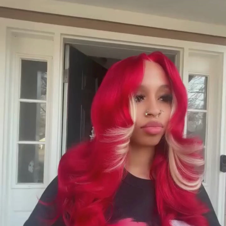SZC Burgundy Hot Red With Blonde Highlights 13x4 Lace Front Human Hair Wigs 200 Density