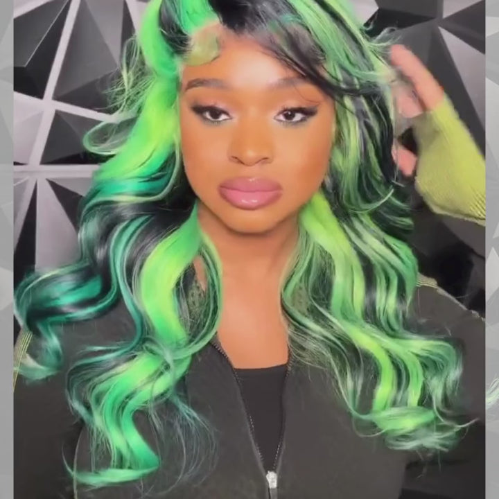 SZC Black With Green Streak Highlights 13x4 Lace Front Human Hair Wigs