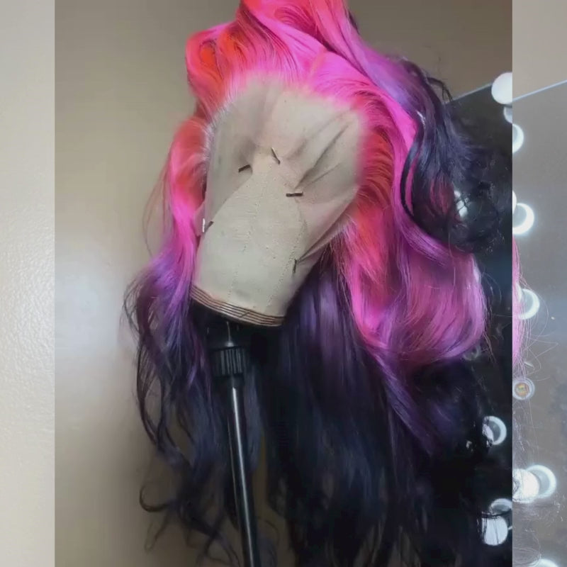 SZC Ombre Purple Red Black Straight Body Wave HD Lace Front Human Hair Wig