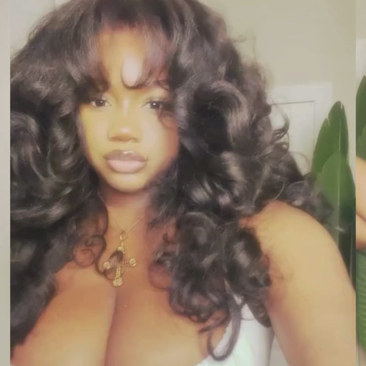 SZC Voluminous Bouncy Loose Wave With Bangs 13x4 Lace Front Human Hair Wig 300 Density