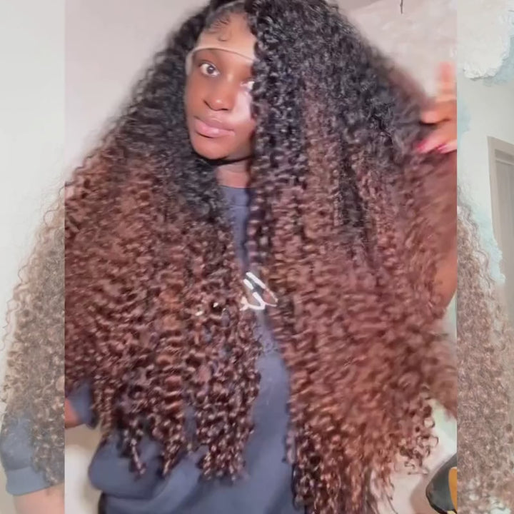 SZC Ombre Black Chocolate Brown Deep Spiral Kinky Curly 13x4 Lace Front Human Hair Wigs