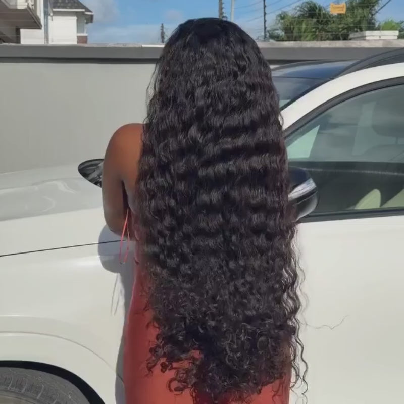 SZC 38 36 inch Long Knee Length Deep Wave 400 Density Full Thick 13x4 Lace Front Human Hair Wigs