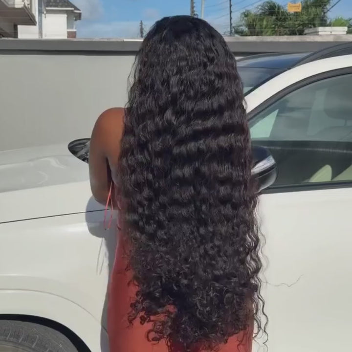 SZC 38 36 inch Long Knee Length Deep Wave 400 Density Full Thick 13x4 Lace Front Human Hair Wigs