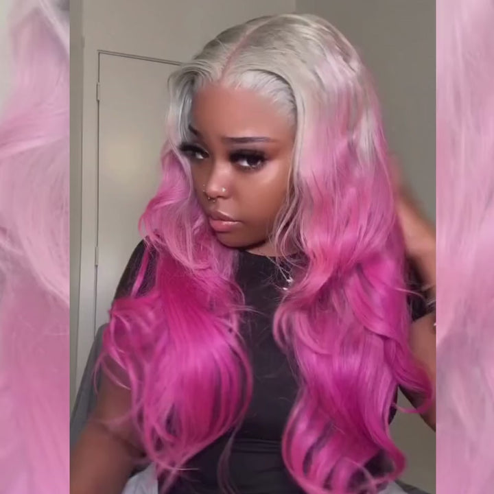 SZC Two Tone Ombre Platinum Silver Gray Vibrant Bubblegum Fuchsia Pink 13x4 Lace Front Human Hair Wig