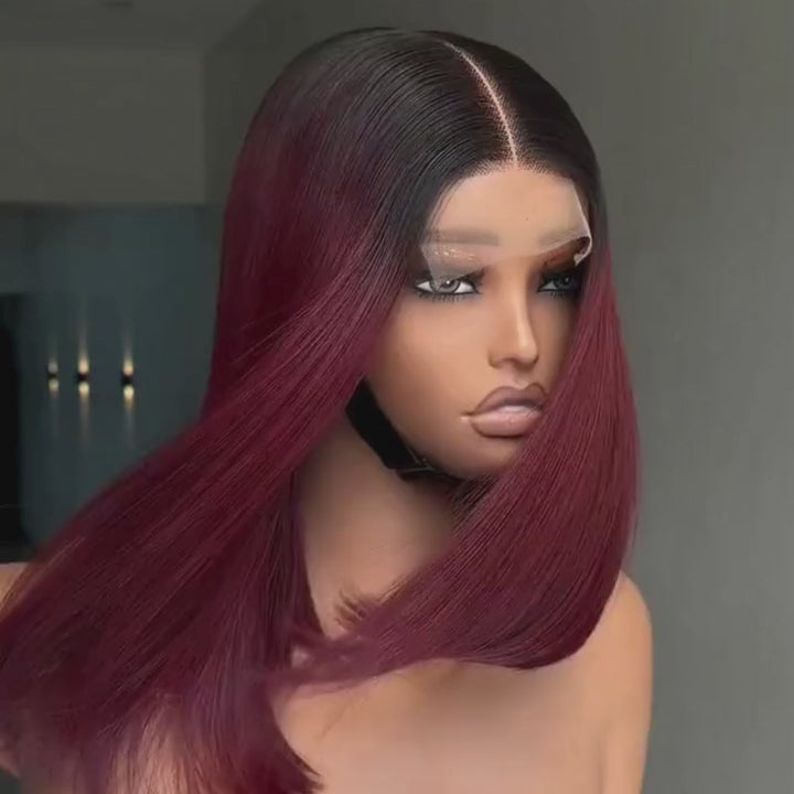 SZC 8 10 12 inch Short Bob Burgundy Red With Dark Roots 13X4 Lace Front Human Hair Wigs