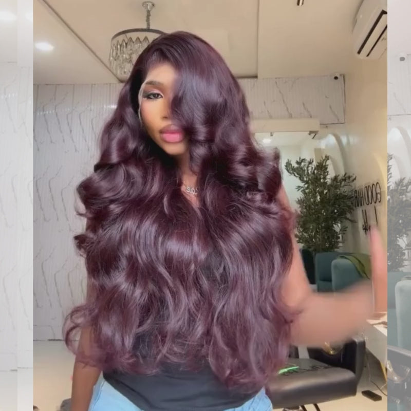 SZC Dark Purple Burgundy Red Bouncy Loose Wave 13X4 Lace Front Remy Human Hair Wigs 250 300 Density