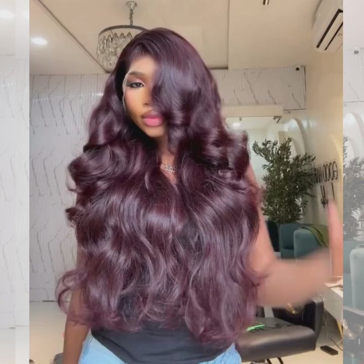 SZC Dark Purple Burgundy Red Bouncy Loose Wave 13X4 Lace Front Remy Human Hair Wigs 250 300 Density