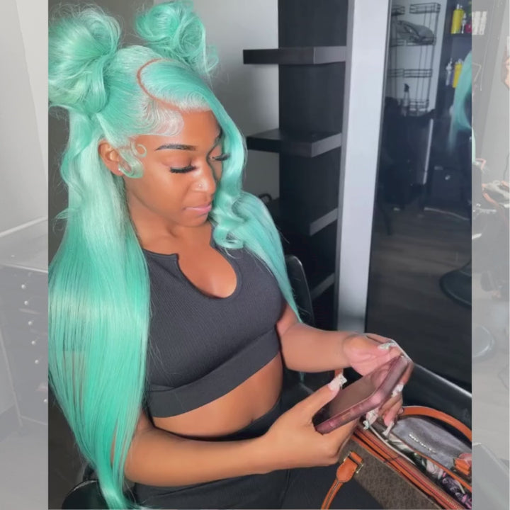 SZC 30 32 34 inch Pastel Green Transparent Lace Front Human Hair Wigs