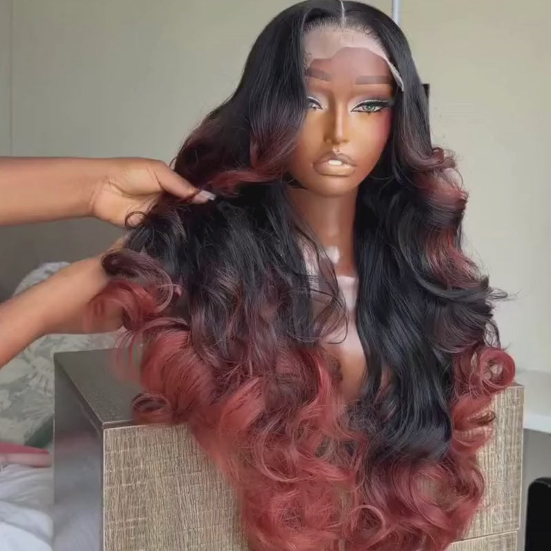 SZC Ombre Black Rose Copper Red 250 300 Density 13x4 Lace Front Human Hair Wig