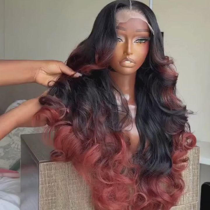 SZC Ombre Black Rose Copper Red 250 300 Density 13x4 Lace Front Human Hair Wig