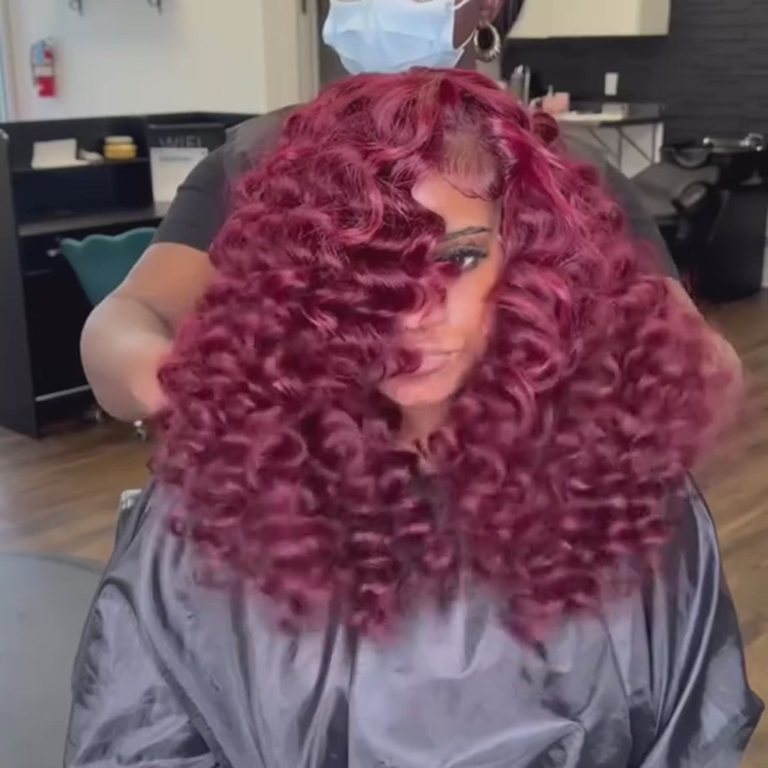 SZC 300 Density 99J Red Bouncy Wand Curls 13x4 HD Lace Front Human Hair Wigs