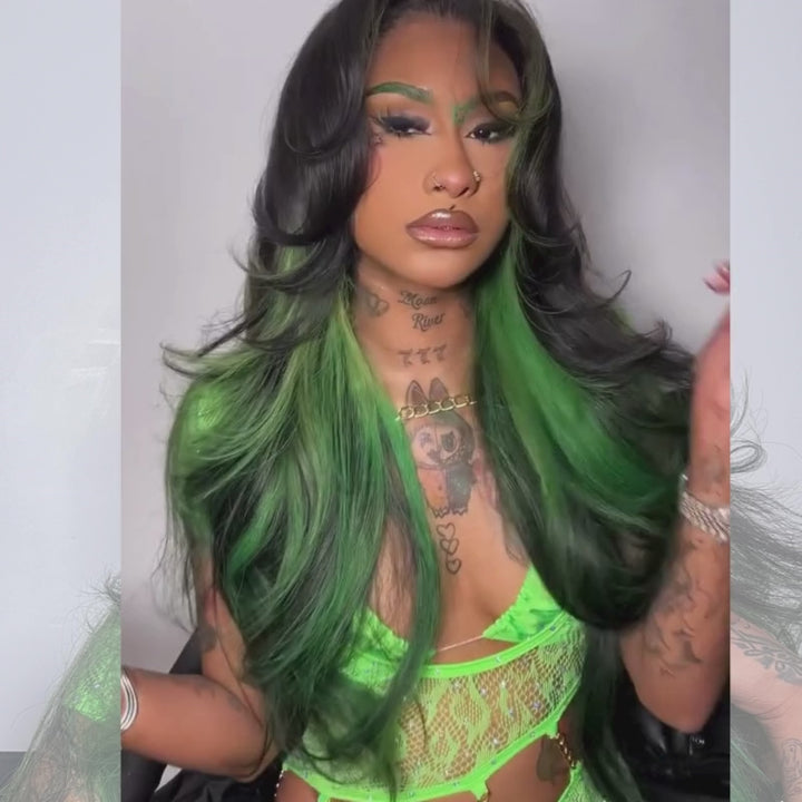 SZC Black With Emerald Green Highlights Face-Framing  Luxury Layered Blowout 13x4 Lace Front Human Hair Wigs