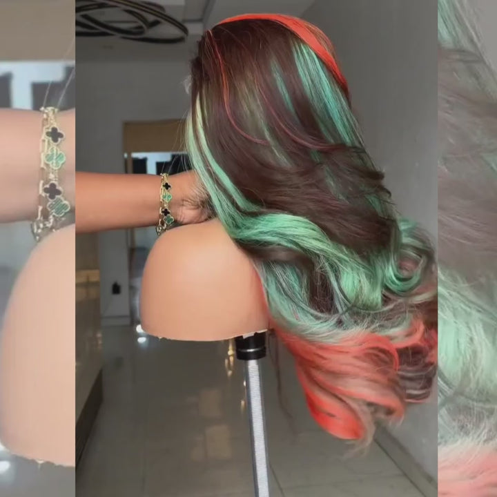 SZC Brown With Bold Coral Peach Orange Mint Green Highlights 13X4 Lace Front Human Hair Wigs