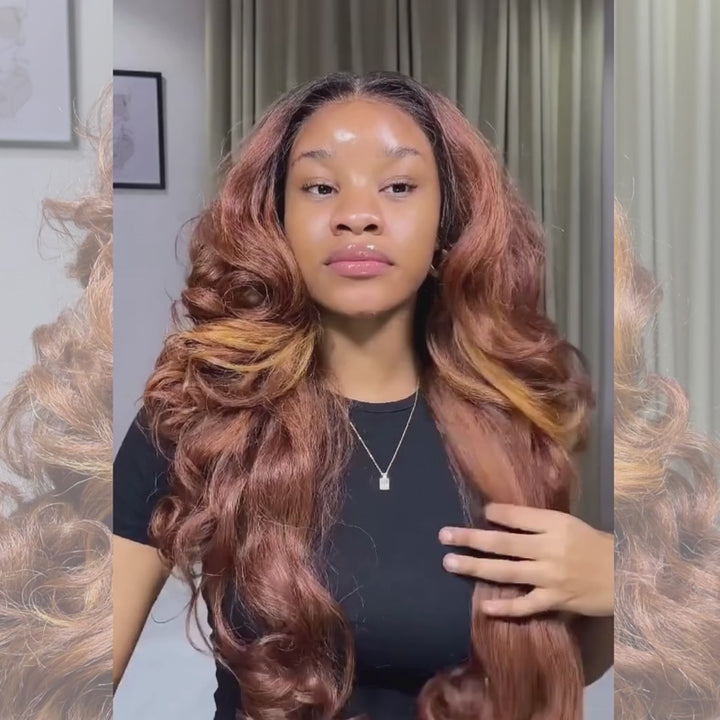 SZC Auburn Copper Brown Voluminous Loose Body Wave Honey Caramel Highlights 13x4 Lace Front Human Hair Wigs