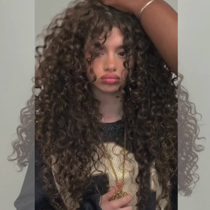 SZC Brown Bouncy Spiral Loose Curls 13x4 Lace Front Human Hair Wigs 250 300 Density