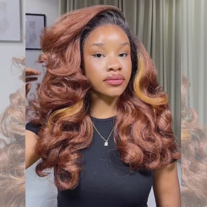 SZC Auburn Copper Brown Voluminous Loose Body Wave Honey Caramel Highlights 13x4 Lace Front Human Hair Wigs
