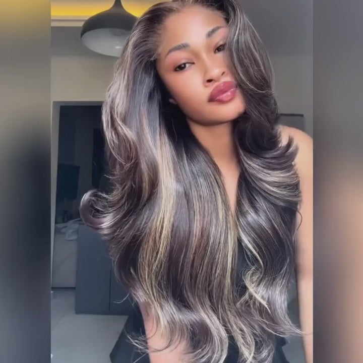 SZC 250 300 Density Black With Brown Highlights 13x4 Lace Front Virgin Human Hair Wigs
