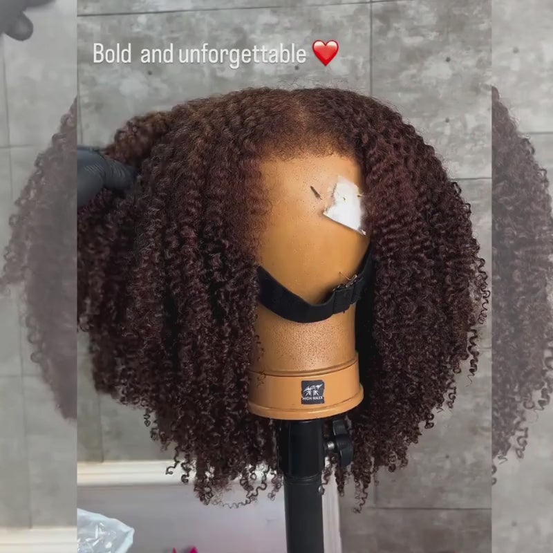 SZC Dark Burgundy Brown Coily Kinky Curly Short Bob 13x4 Lace Front Human Hair Wigs
