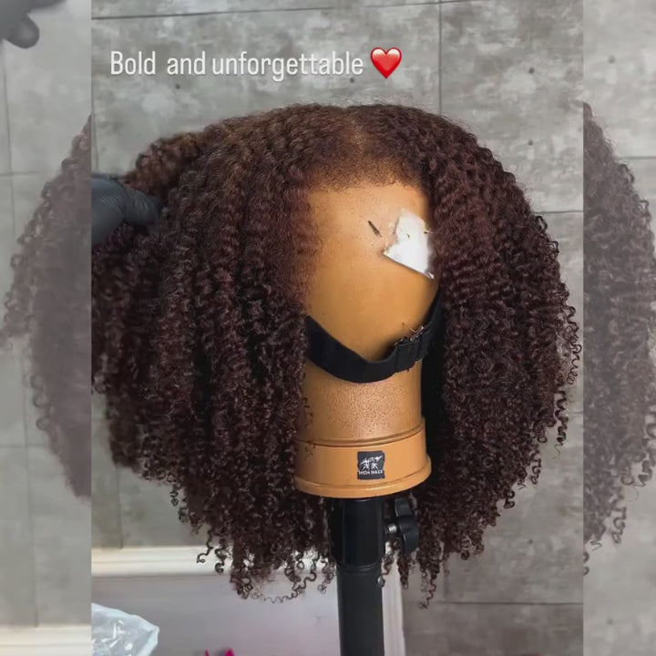 SZC Dark Burgundy Brown Coily Kinky Curly Short Bob 13x4 Lace Front Human Hair Wigs