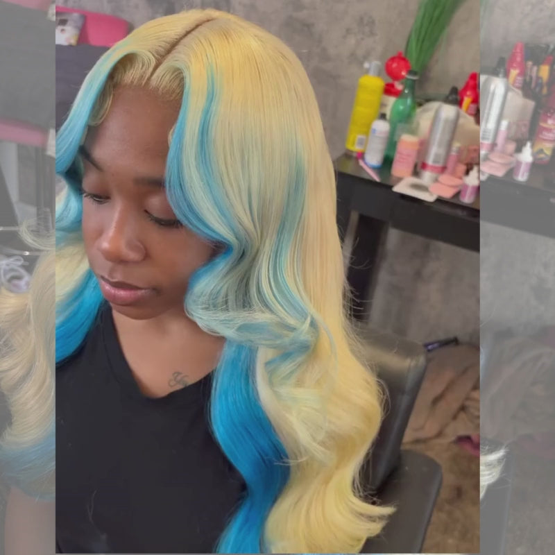 SZC Ombre Blonde Blue Skunk Stripe 13x4 Lace Front Virgin Human Hair Wigs 200 Density
