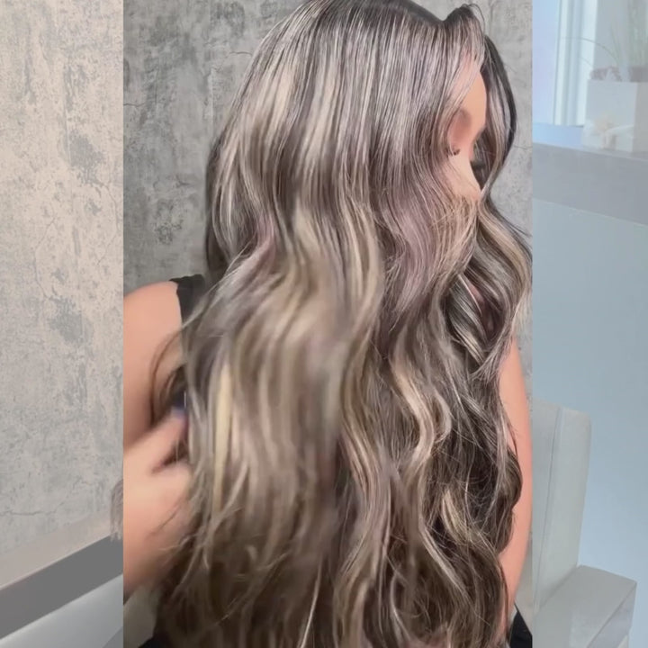 SZC Balayage Brown Highlights Beach Body Wave 13x4 Lace Front Human Hair Wigs