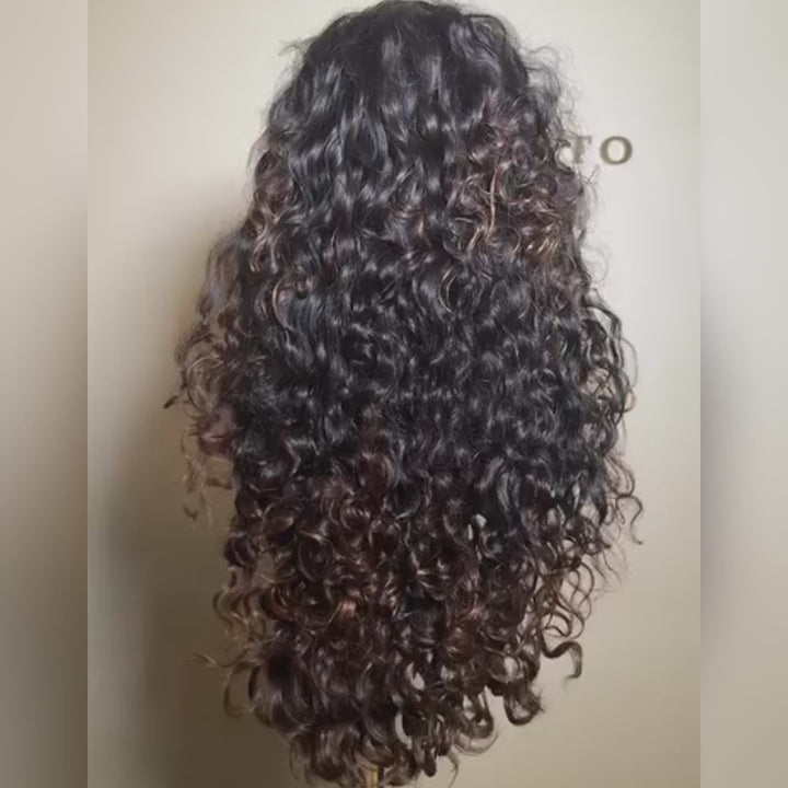 SZC 300 Density Black With Brown Streaks Bouncy Wand Curls 13x4 Lace Front Human Hair Wigs