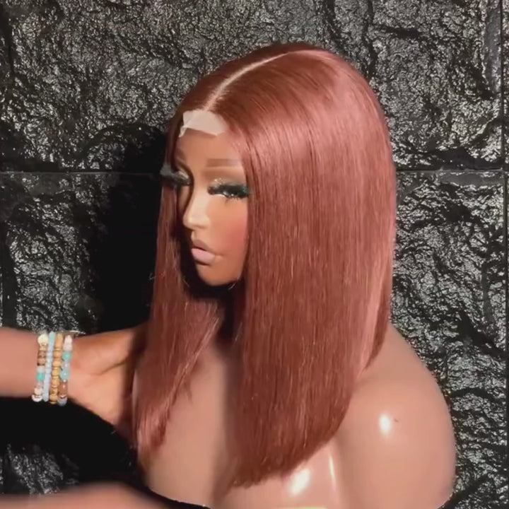 SZC 8 10 12 inch Short Bob Warm Auburn Copper Brown Straight 13x4 Lace Front Virgin Human Hair Wigs