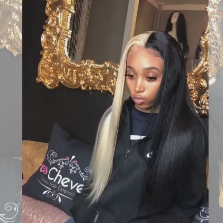 SZC Half Black Half Blonde Bone Straight 13x4 HD Lace Front Human Hair Wigs