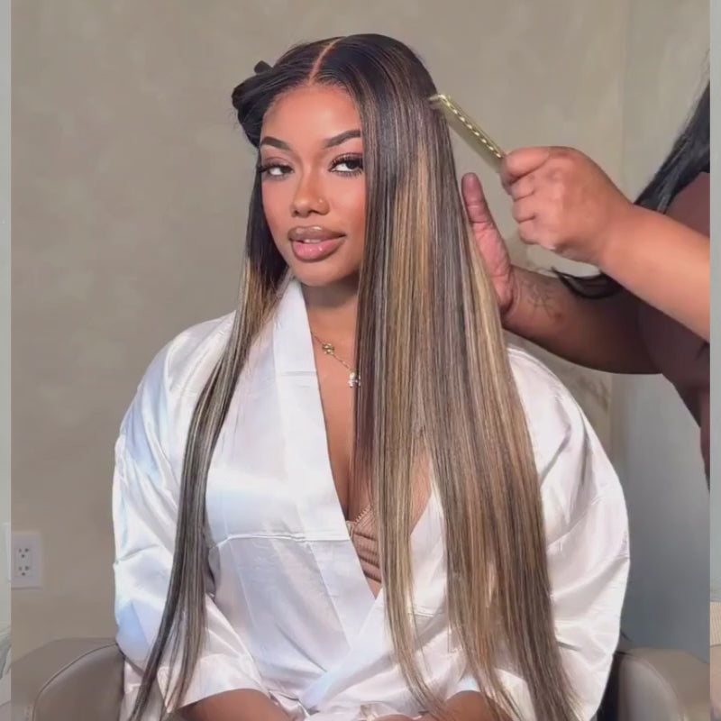 SZC Dark Brown Caramel Blonde Highlights Bone Straight 300 Density 13x4 Lace Front Human Hair Wigs