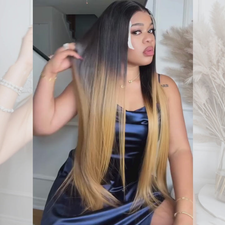 SZC Ombre Black Strawberry Honey Blonde Bone Straight 13x4 Lace Front Human Hair Wigs 300 Density