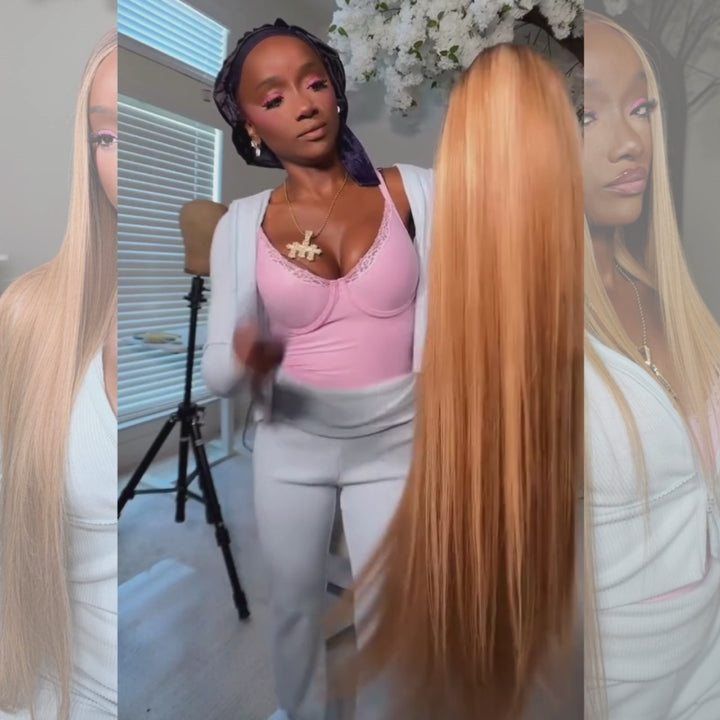 SZC Ombre Dark Brown Strawberry Honey Blonde Highlight Straight 13x4 Lace Front Human Hair Wigs