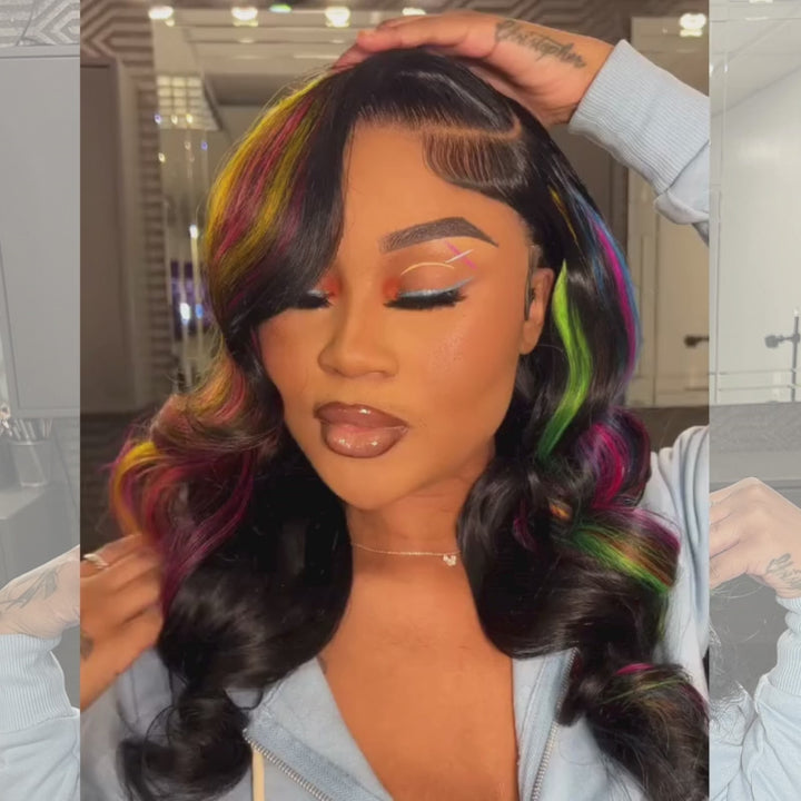 SZC Black With Red Yellow Green Blue Highlights 13x4 Lace Front Human Hair Wigs