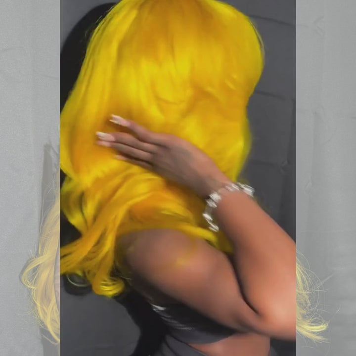 SZC Neon Yellow Curtain Bangs 13x4 HD Lace Front Virgin Human Hair Wig