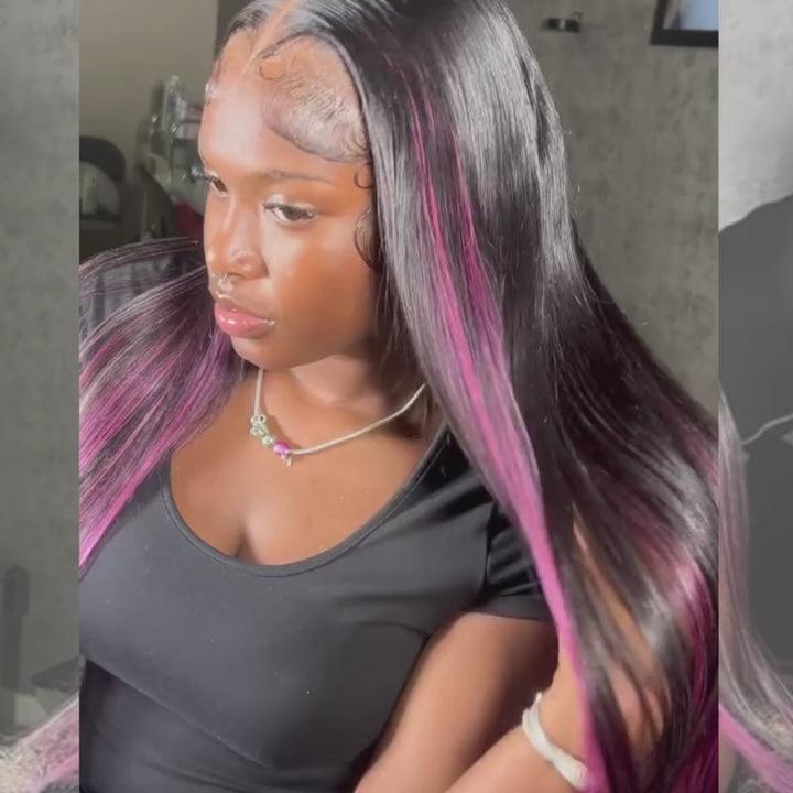 SZC 200 Density Black With Purple Pink Highlights 13x4 Lace Front Human Hair Wigs