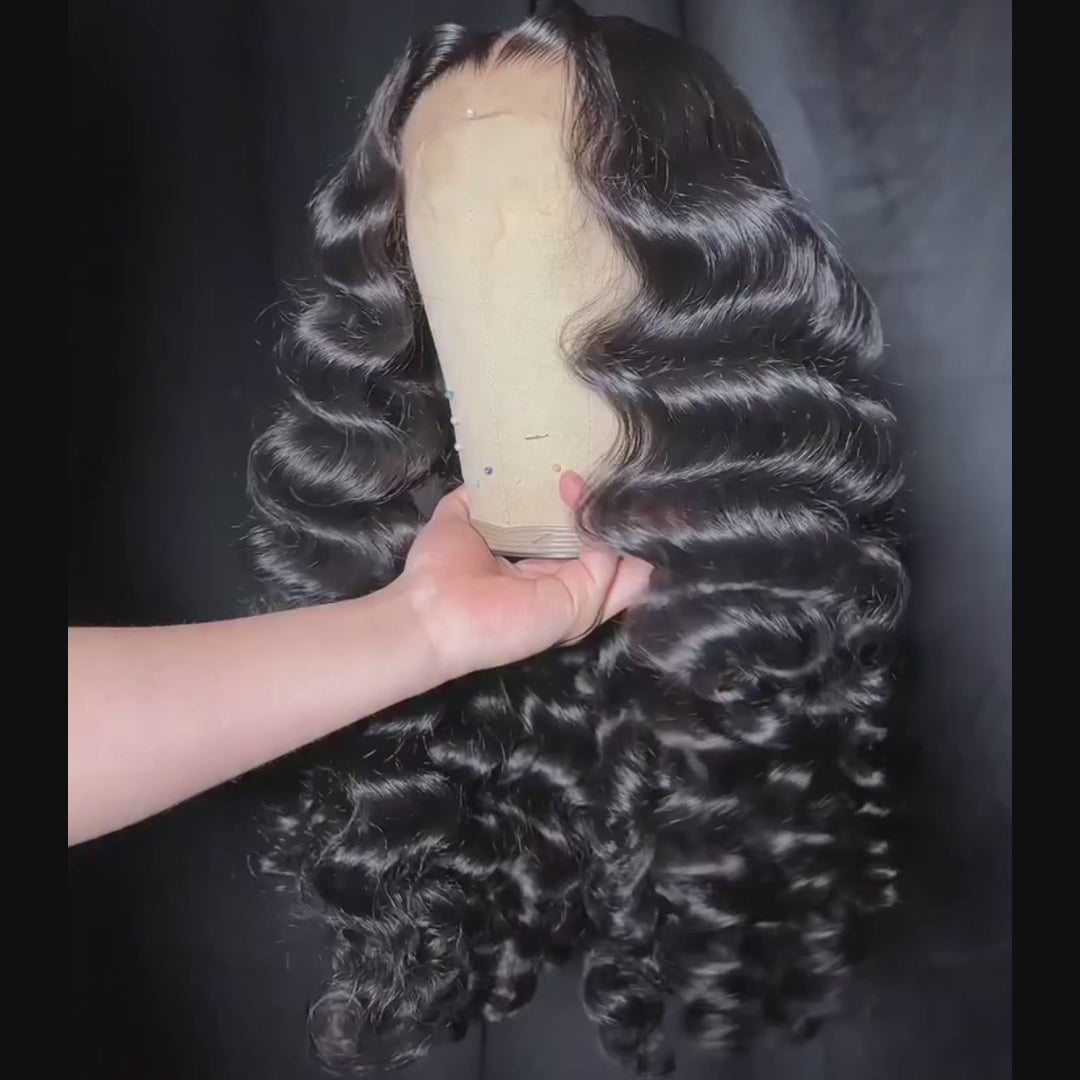 SZC Loose Deep Wave Wand Curls 13X4 Lace Front Human Hair Wigs 250 300 Density