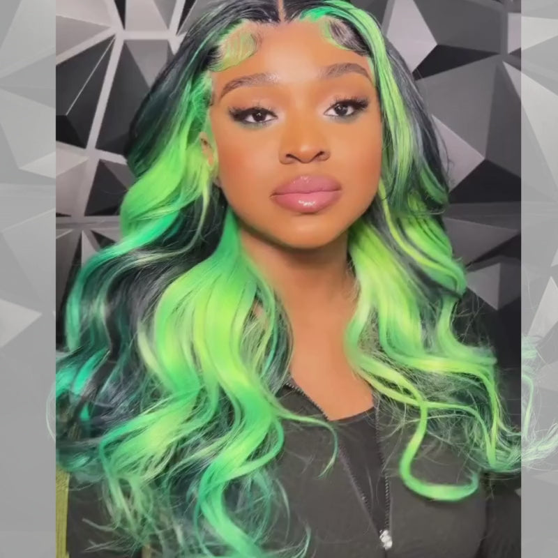 SZC Black With Green Streak Highlights 13x4 Lace Front Human Hair Wigs