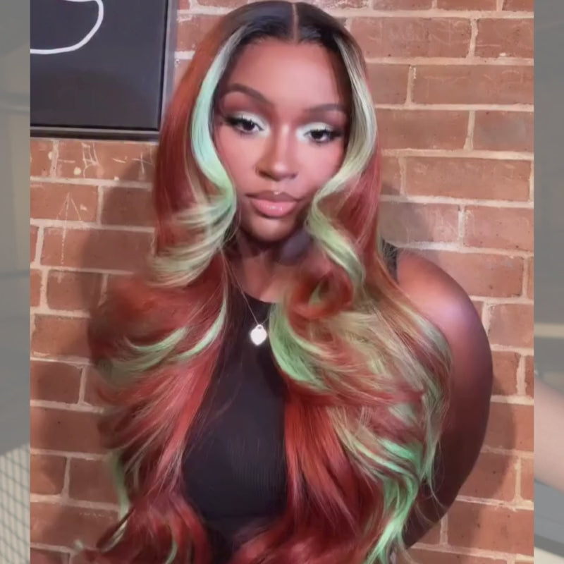 SZC Copper Red Brown With Pastel Green Skunk Stripe Highlight Streaks 13x4 Lace Front Virgin Human Hair Wigs