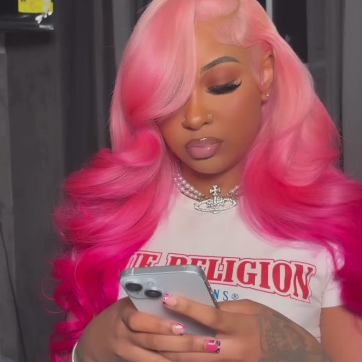 SZC Ombre Light Dark Pink Red Color Transparent Lace Front Human Hair Wigs