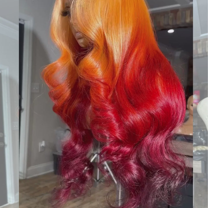 SZC Ombre Ginger Red Black Body Wave Virgin Lace Front Human Hair Wig