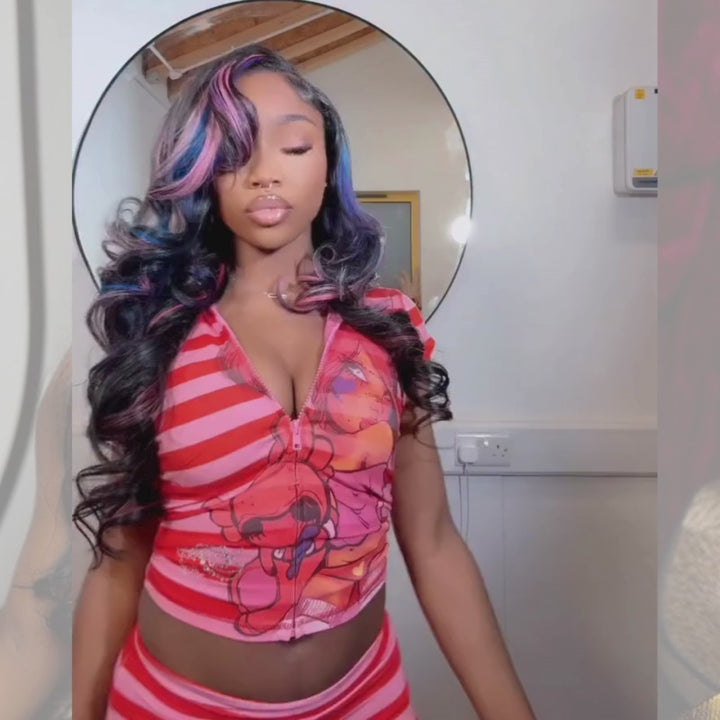 SZC Black With Pink Blue Purple Highlights 13x4 Lace Front Human Hair Wigs