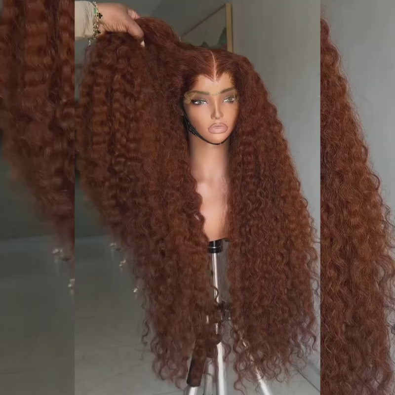 SZC Copper Auburn Orange Brown Deep Curly 250 300 Density 13x4 Lace Front Human Hair Wig