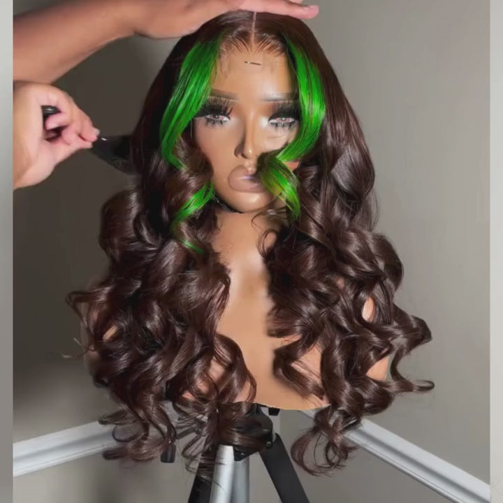 SZC Brown with Green Skunk Stripe 13x4 HD Lace Front Virgin Human Hair Wigs