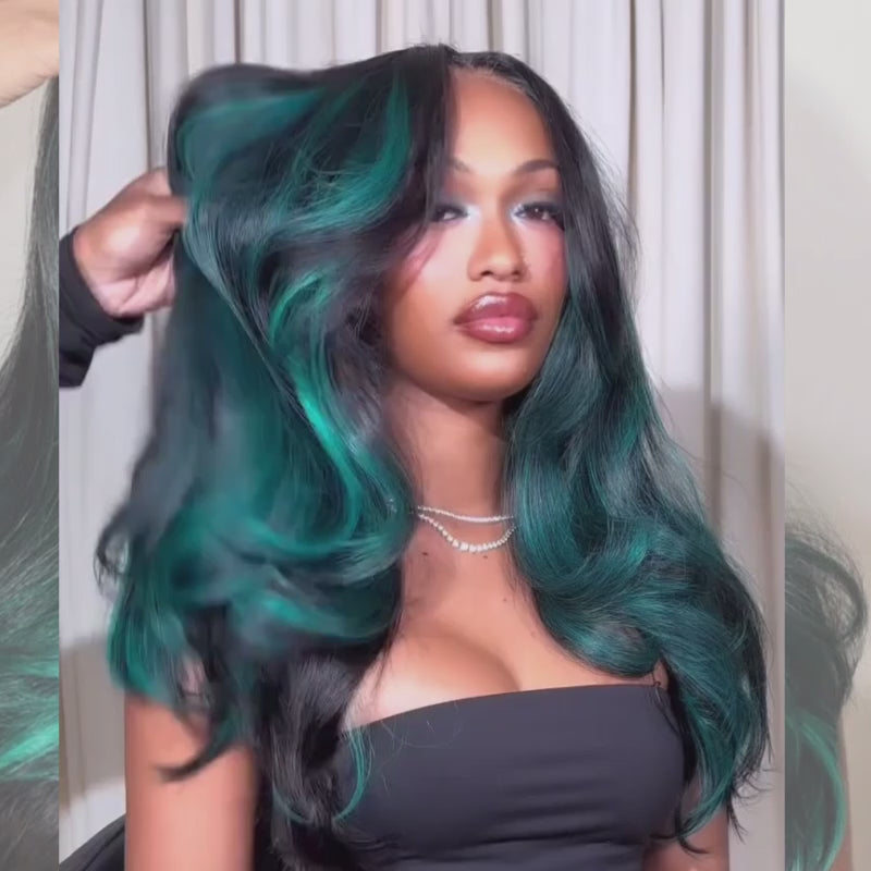 SZC Black Teal Green Highlight 13x4 Lace Front Human Hair Wig 200 Density
