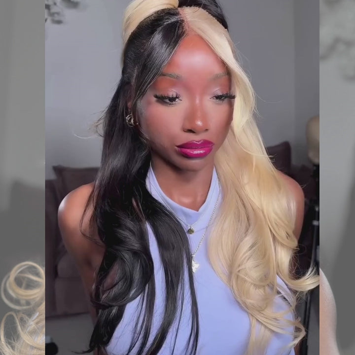 SZC Two Tone Split Color Half Black Half Blonde 200 Density 13x4 Lace Front Human Hair Wig