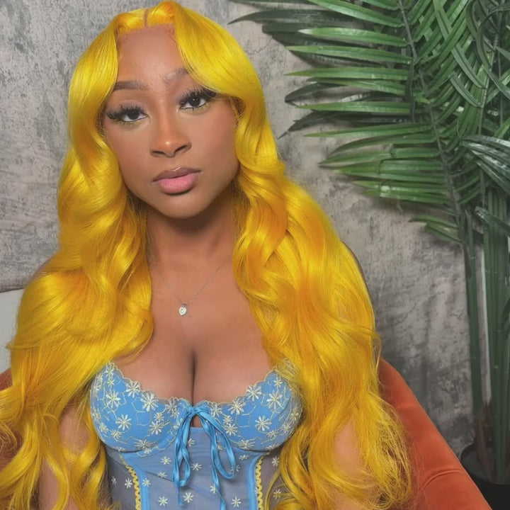 SZC Yellow Color 200 Density 13X4 Lace Front Body Wave Human Hair Wig